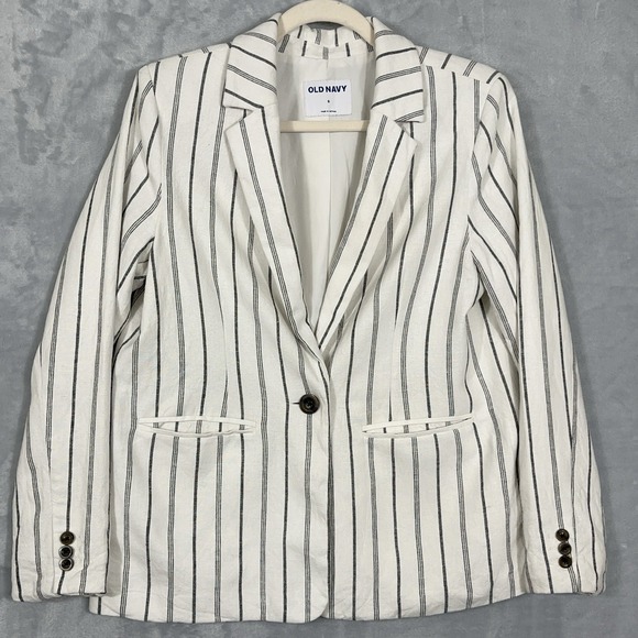 Old Navy Jackets & Blazers - Old Navy Womens Black White Striped Linen Blend Lined Blazer S Career‎ Academia